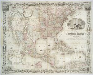 アメリカ合衆国、イギリスの州、メキシコ、西インド諸島、中央アメリカの地図、1850年（ハンドカラープリント）